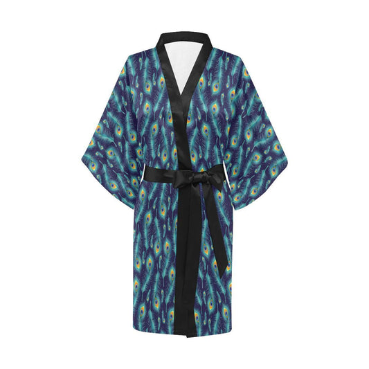 Peacock Feather Blue Design Print Women Short Kimono Robe