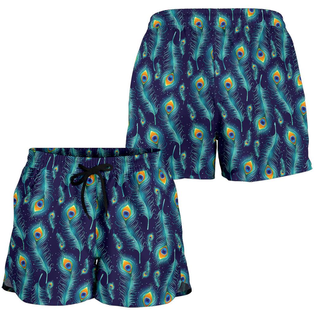 Peacock Feather Blue Design Print Women Shorts-JTAMIGO.COM