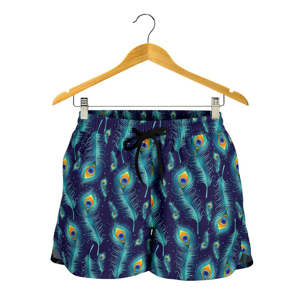 Peacock Feather Blue Design Print Women Shorts-JTAMIGO.COM
