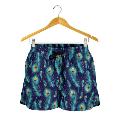 Peacock Feather Blue Design Print Women Shorts-JTAMIGO.COM