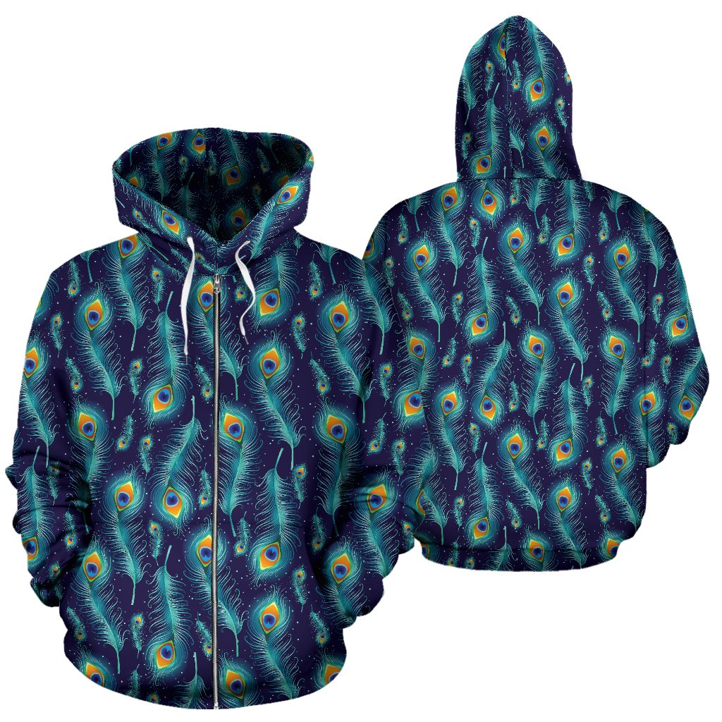 Peacock Feather Blue Design Print Zip Up Hoodie