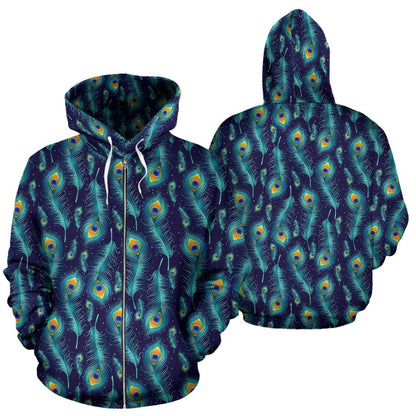Peacock Feather Blue Design Print Zip Up Hoodie