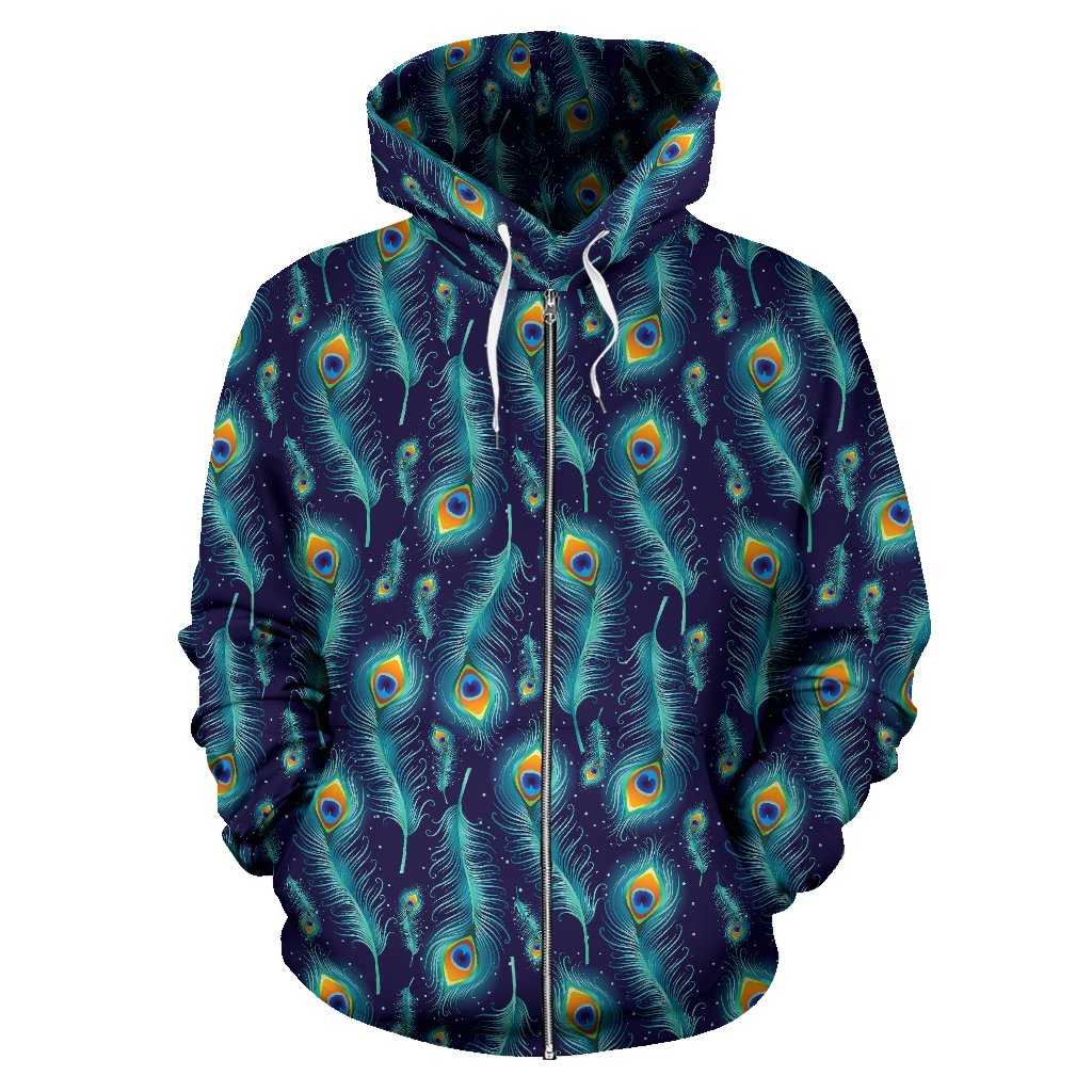 Peacock Feather Blue Design Print Zip Up Hoodie