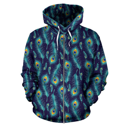 Peacock Feather Blue Design Print Zip Up Hoodie