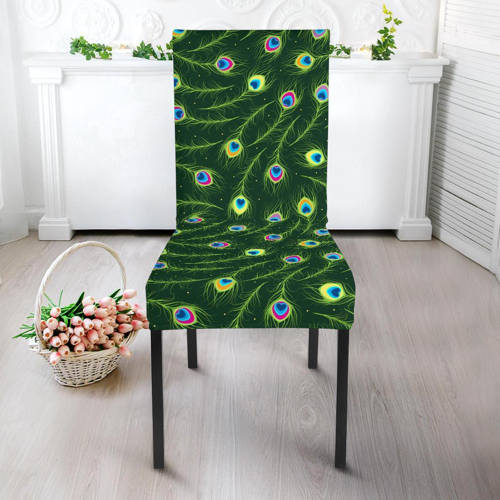 Peacock Feather Green Design Print Dining Chair Slipcover-JTAMIGO.COM