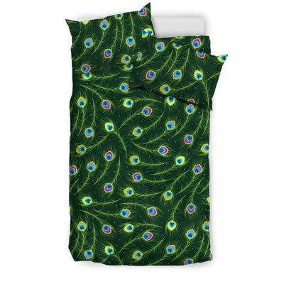 Peacock Feather Green Design Print Duvet Cover Bedding Set