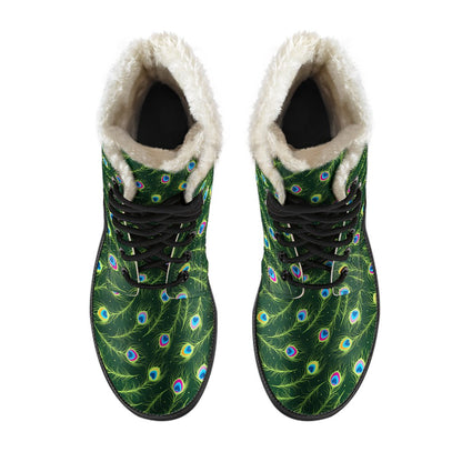 Peacock Feather Green Design Print Faux Fur Leather Boots-JTAMIGO.COM