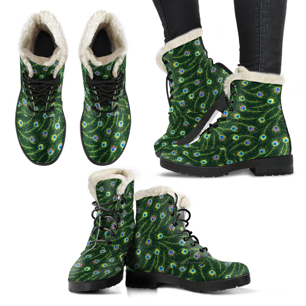 Peacock Feather Green Design Print Faux Fur Leather Boots-JTAMIGO.COM