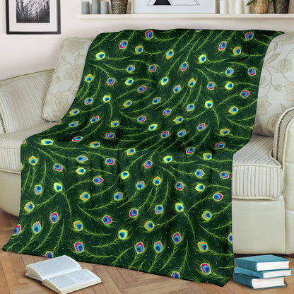 Peacock Feather Green Design Print Fleece Blanket