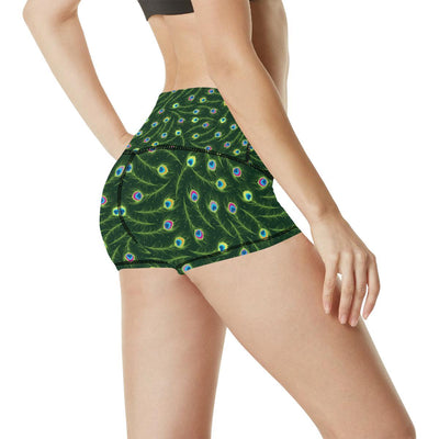 Peacock Feather Green Design Print High Waisted Spandex Shorts-JTAMIGO.COM