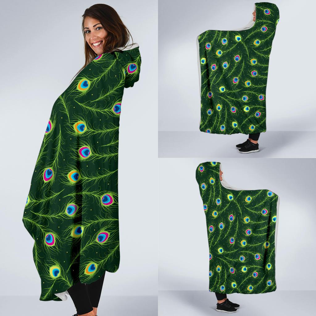 Peacock Feather Green Design Print Hooded Blanket-JTAMIGO.COM