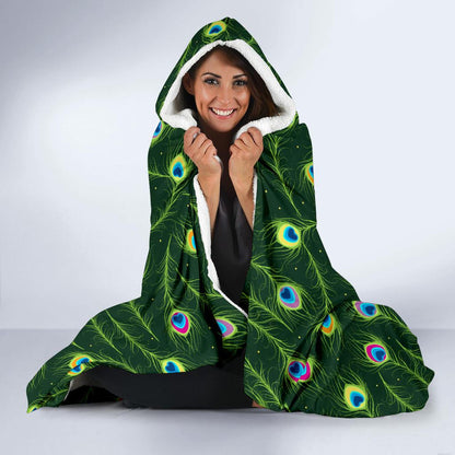 Peacock Feather Green Design Print Hooded Blanket-JTAMIGO.COM