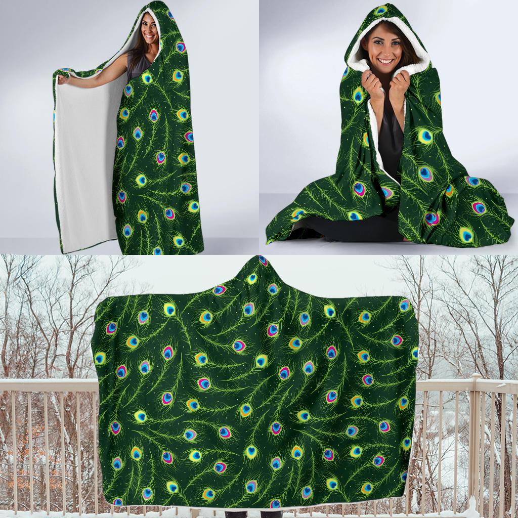 Peacock Feather Green Design Print Hooded Blanket-JTAMIGO.COM