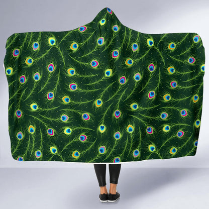 Peacock Feather Green Design Print Hooded Blanket-JTAMIGO.COM