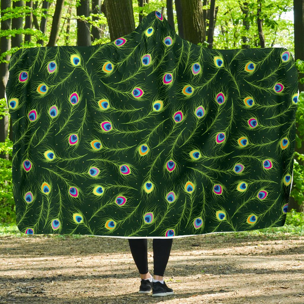Peacock Feather Green Design Print Hooded Blanket-JTAMIGO.COM