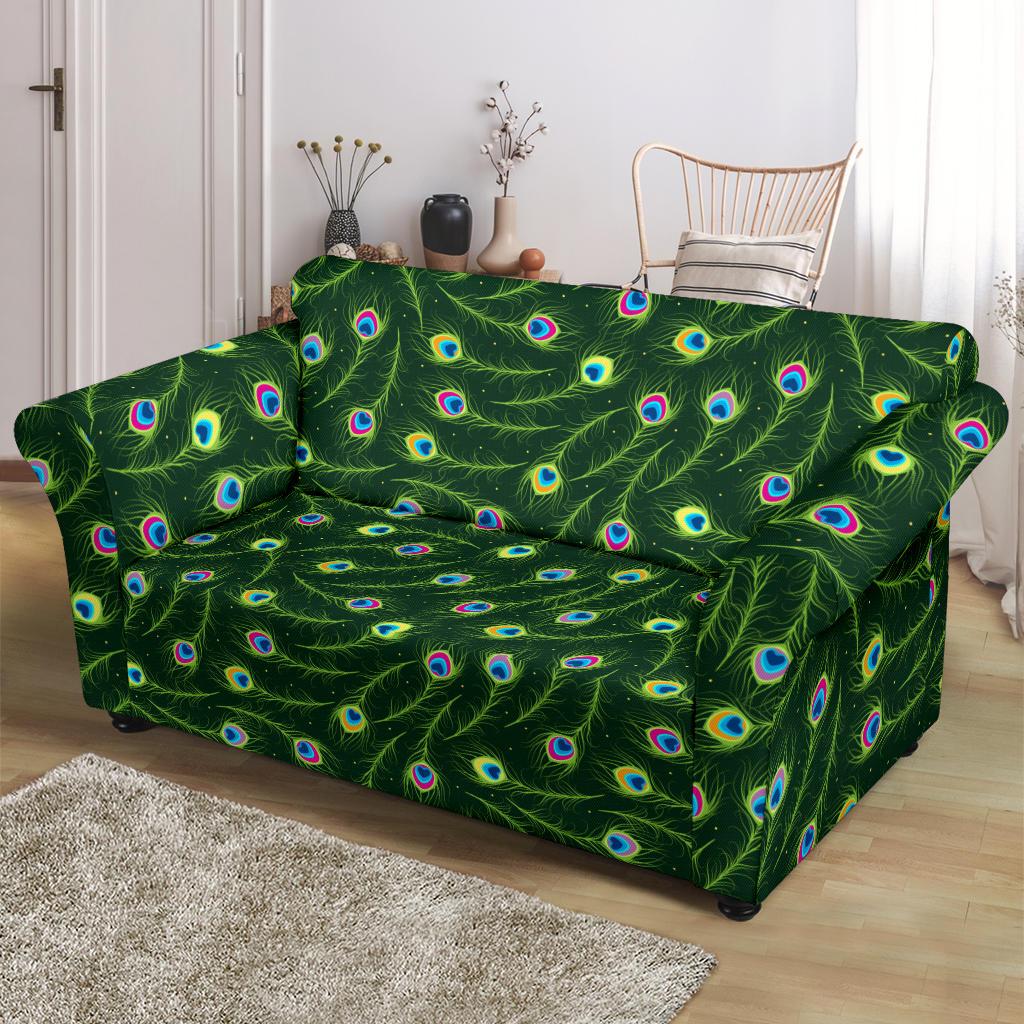 Peacock Feather Green Design Print Loveseat Slipcover-JTAMIGO.COM