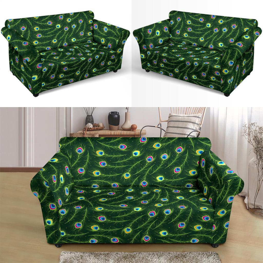 Peacock Feather Green Design Print Loveseat Slipcover-JTAMIGO.COM