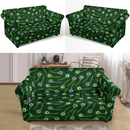 Peacock Feather Green Design Print Loveseat Slipcover-JTAMIGO.COM