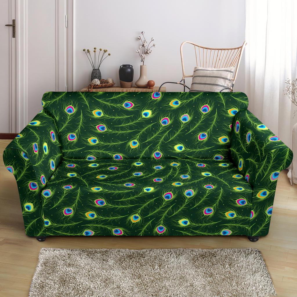Peacock Feather Green Design Print Loveseat Slipcover-JTAMIGO.COM