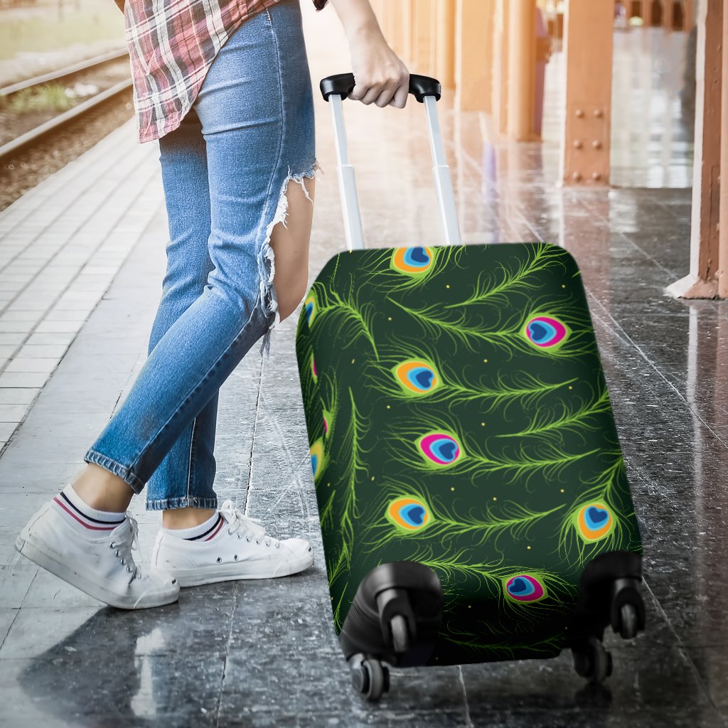 Peacock Feather Green Design Print Luggage Cover Protector