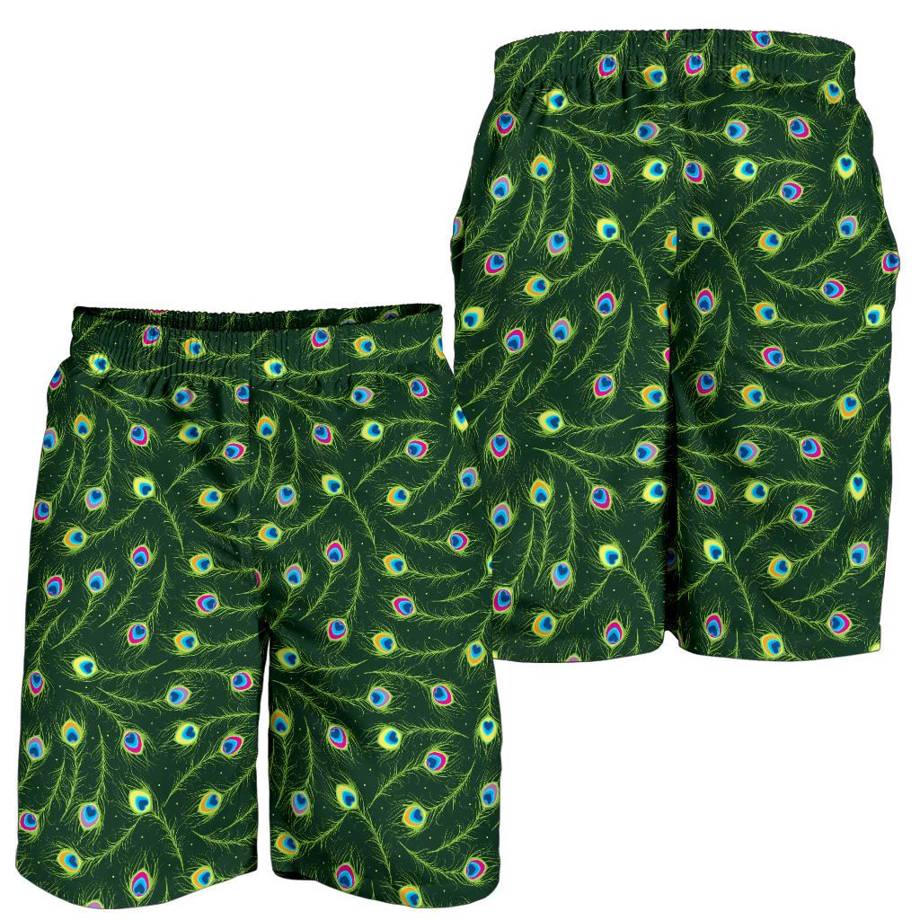 Peacock Feather Green Design Print Mens Shorts-JTAMIGO.COM
