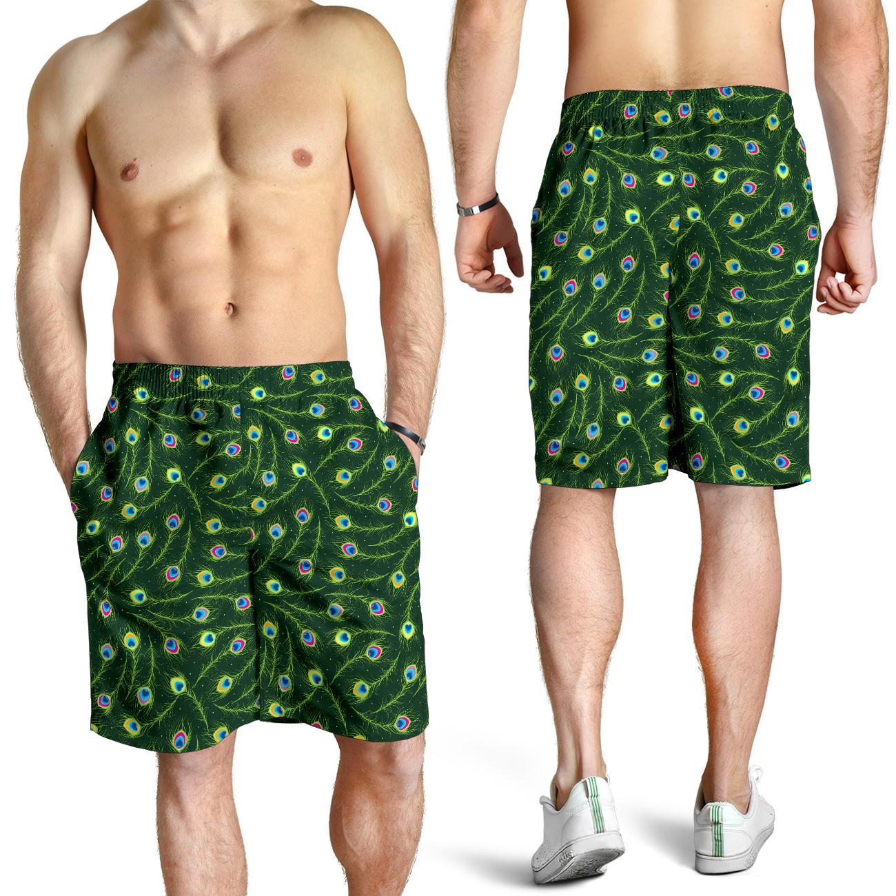 Peacock Feather Green Design Print Mens Shorts-JTAMIGO.COM