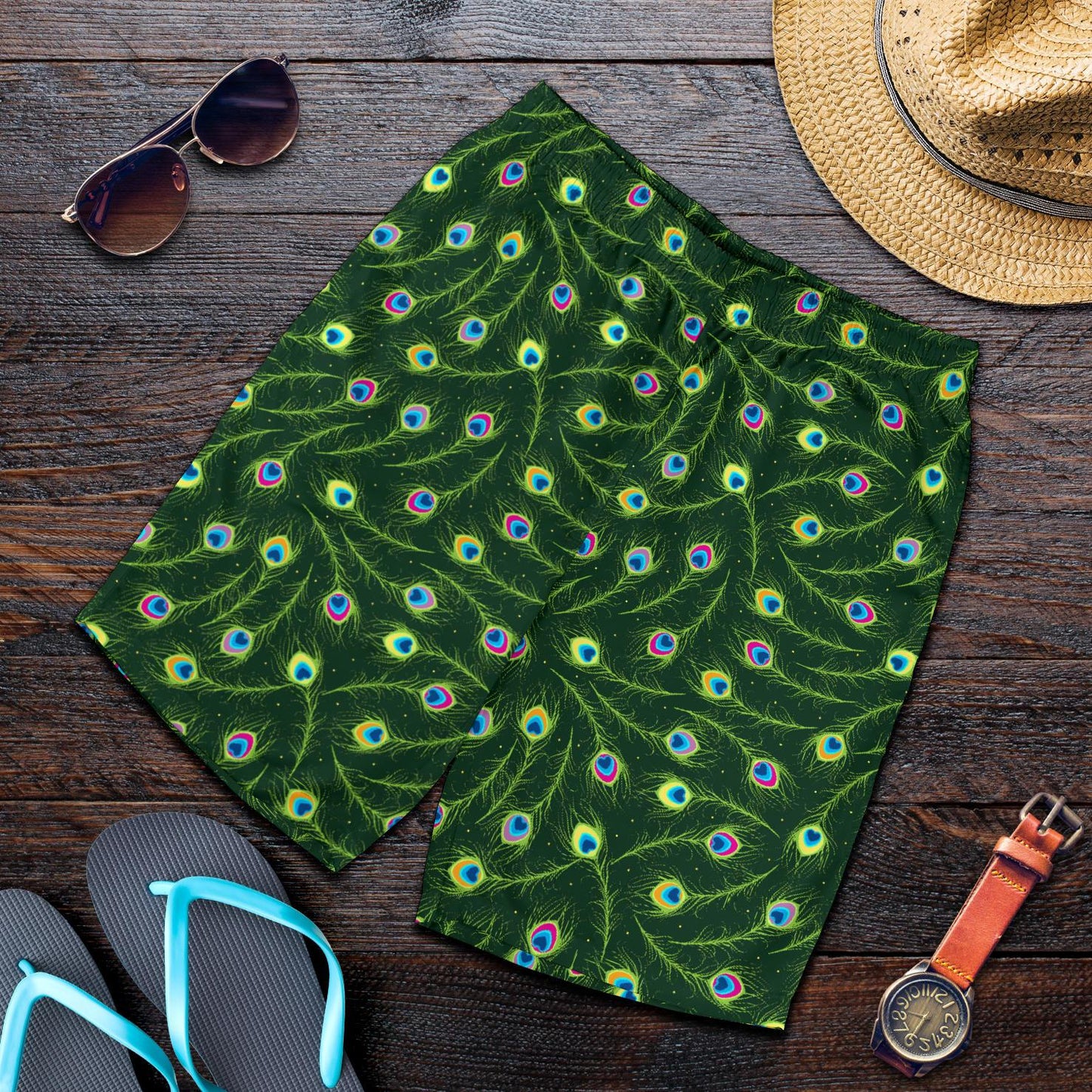 Peacock Feather Green Design Print Mens Shorts-JTAMIGO.COM