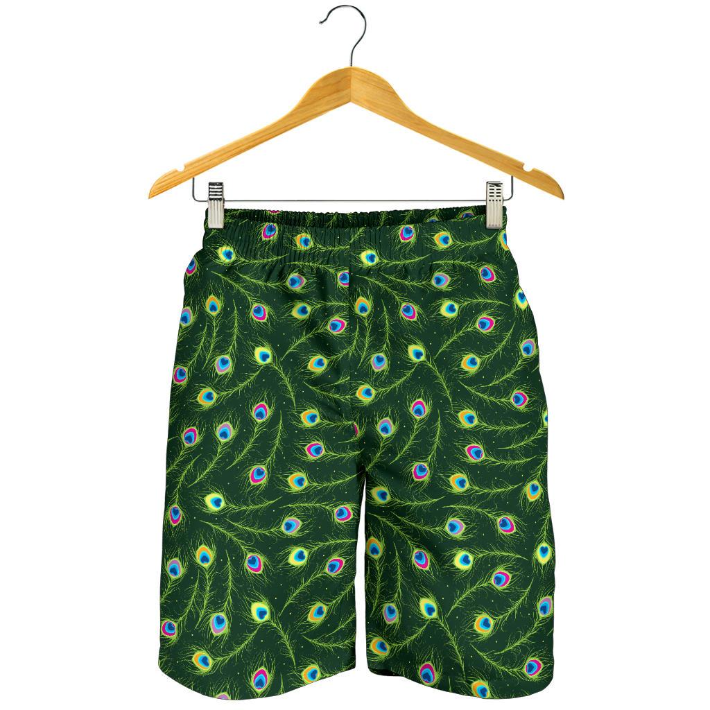 Peacock Feather Green Design Print Mens Shorts-JTAMIGO.COM
