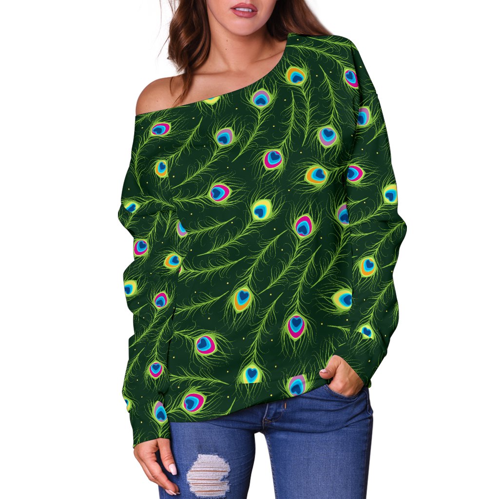 Peacock Feather Green Design Print Off Shoulder Sweatshirt