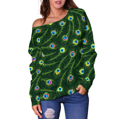 Peacock Feather Green Design Print Off Shoulder Sweatshirt