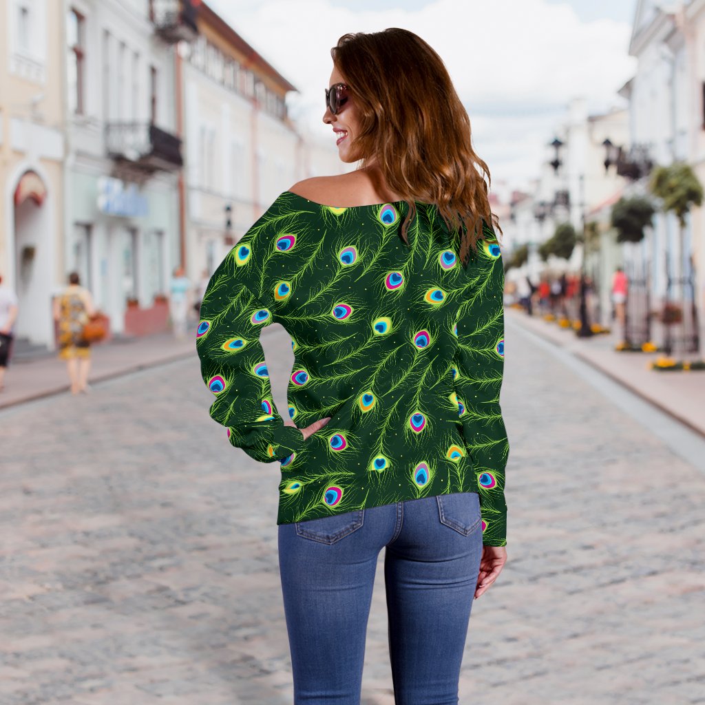 Peacock Feather Green Design Print Off Shoulder Sweatshirt