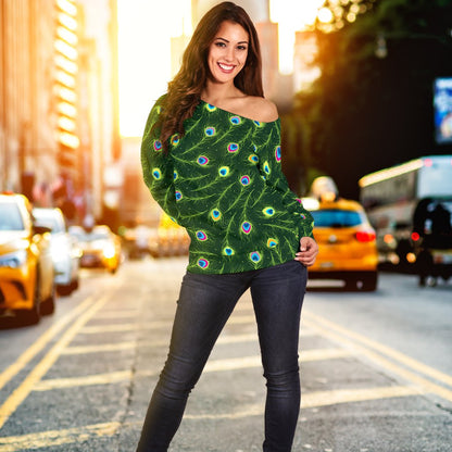 Peacock Feather Green Design Print Off Shoulder Sweatshirt