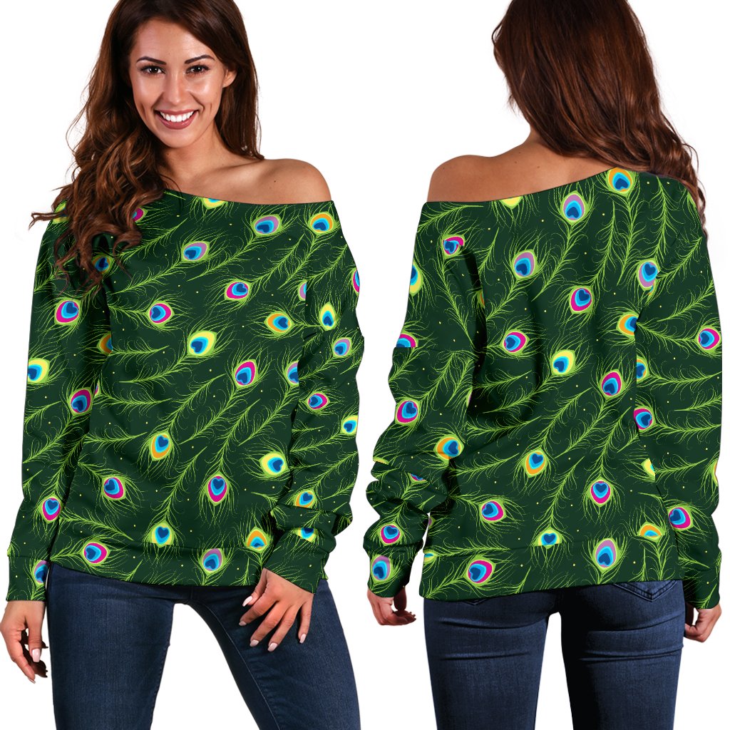 Peacock Feather Green Design Print Off Shoulder Sweatshirt
