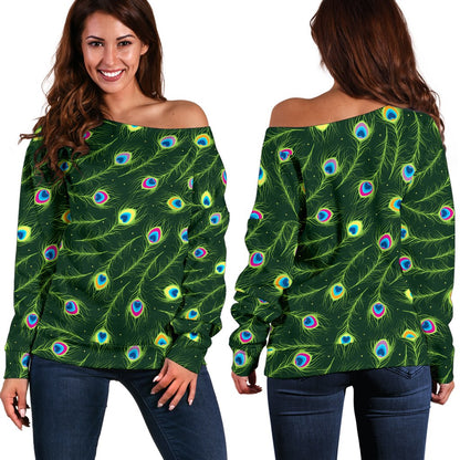 Peacock Feather Green Design Print Off Shoulder Sweatshirt