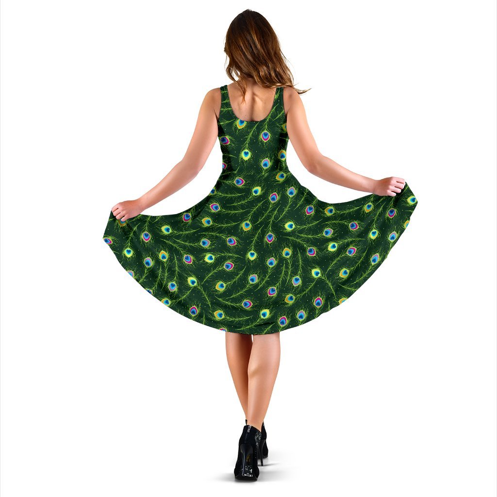 Peacock Feather Green Design Print Sleeveless Dress