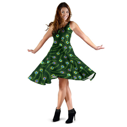 Peacock Feather Green Design Print Sleeveless Dress