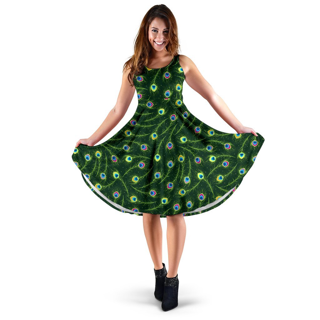 Peacock Feather Green Design Print Sleeveless Dress