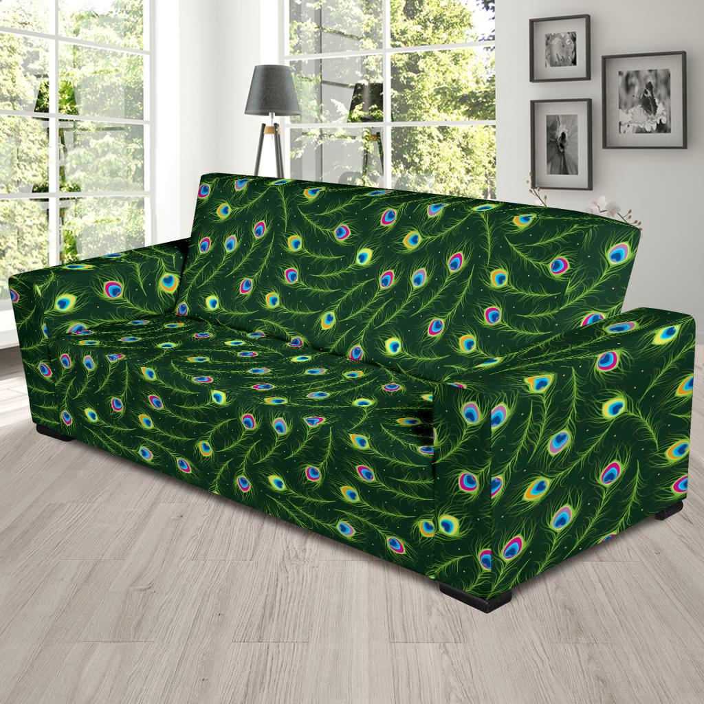 Peacock Feather Green Design Print Sofa Slipcover-JTAMIGO.COM