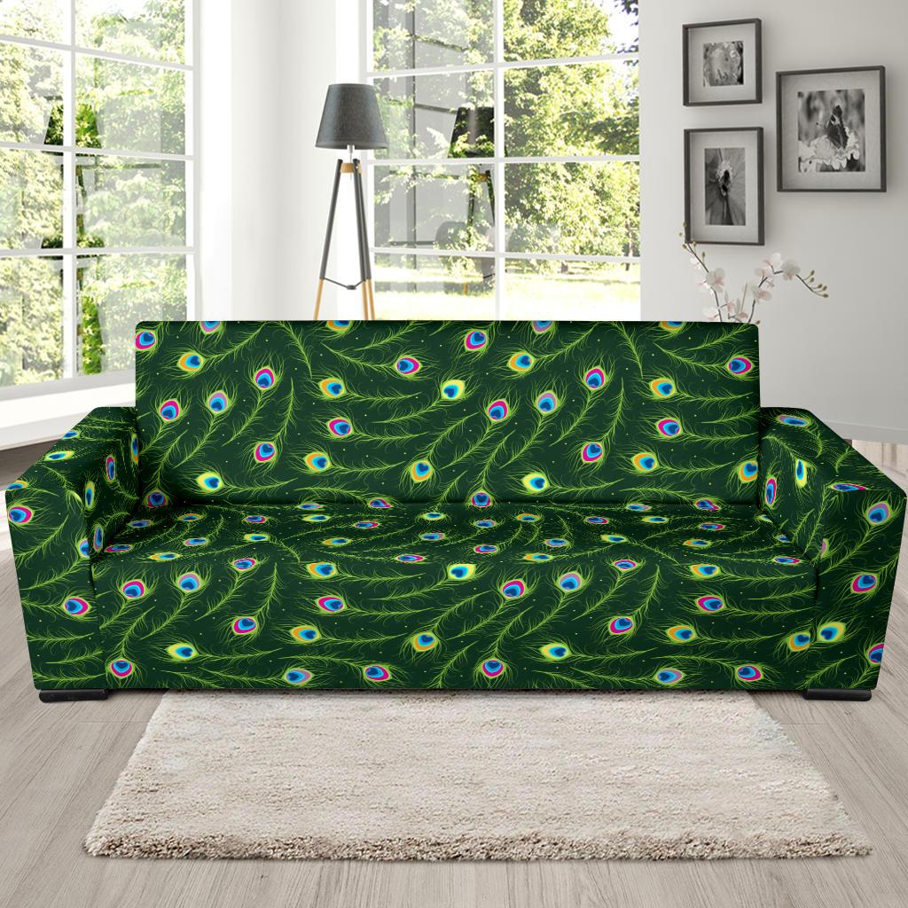 Peacock Feather Green Design Print Sofa Slipcover-JTAMIGO.COM
