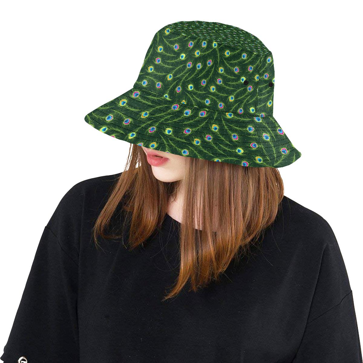 Peacock Feather Green Design Print Unisex Bucket Hat