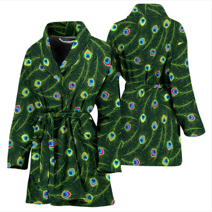 Peacock Feather Green Design Print Women Bath Robe-JTAMIGO.COM