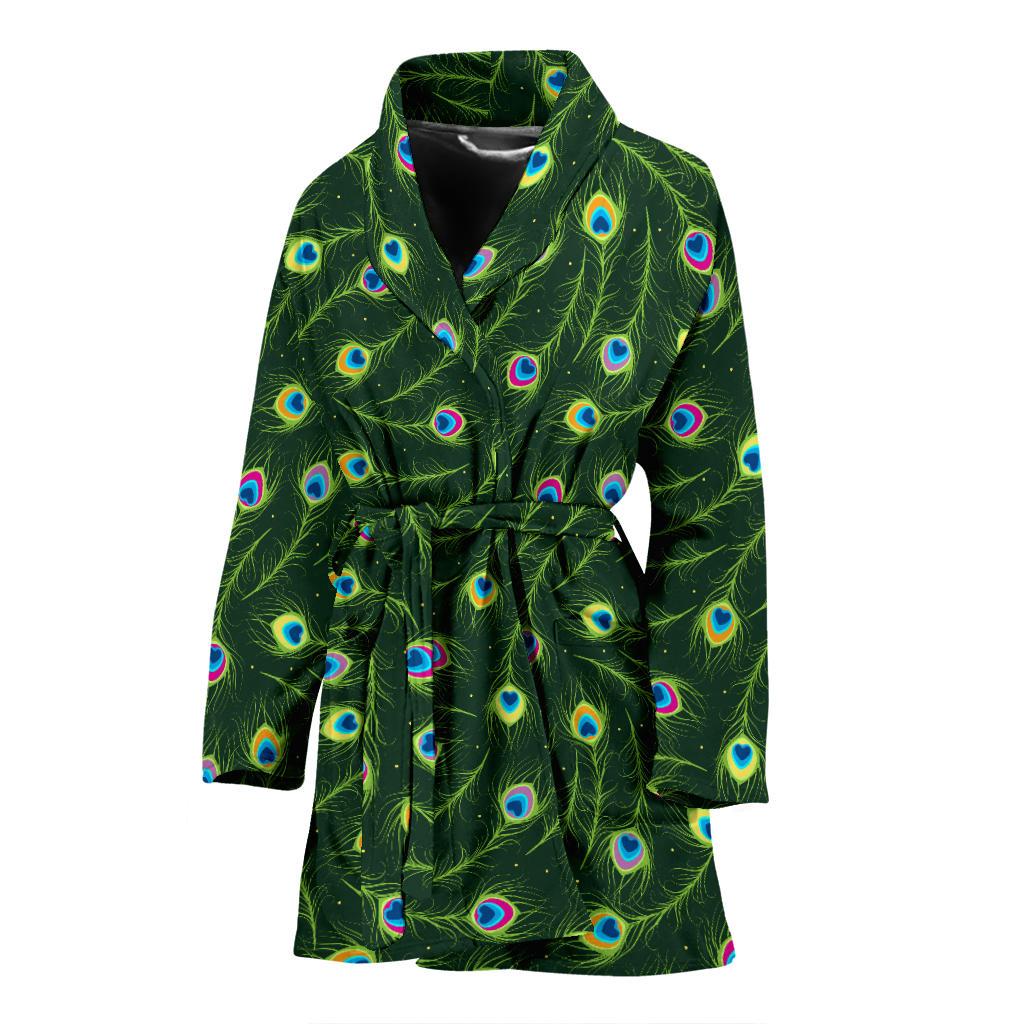 Peacock Feather Green Design Print Women Bath Robe-JTAMIGO.COM