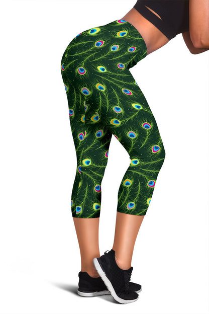 Peacock Feather Green Design Print Women Capris