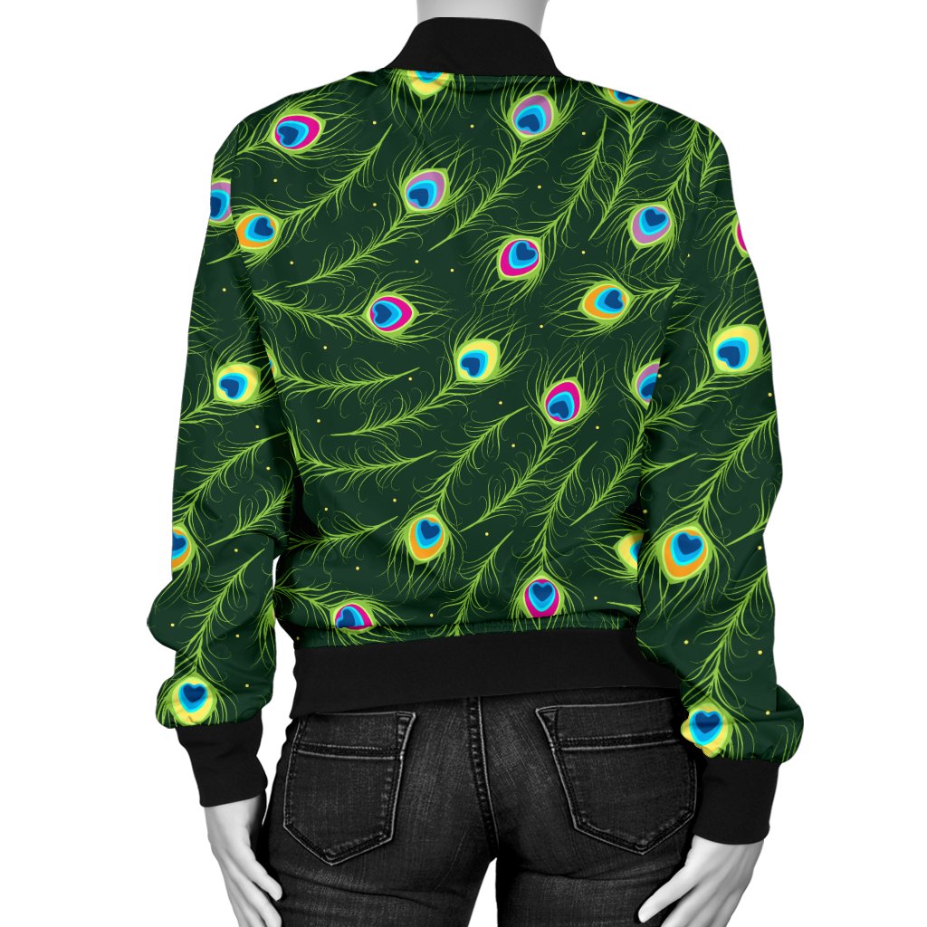 Peacock Feather Green Design Print Women Casual Bomber Jacket