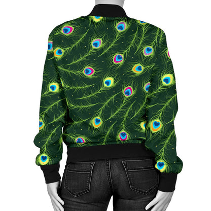 Peacock Feather Green Design Print Women Casual Bomber Jacket