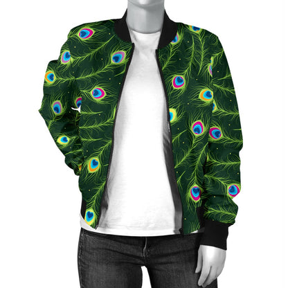 Peacock Feather Green Design Print Women Casual Bomber Jacket