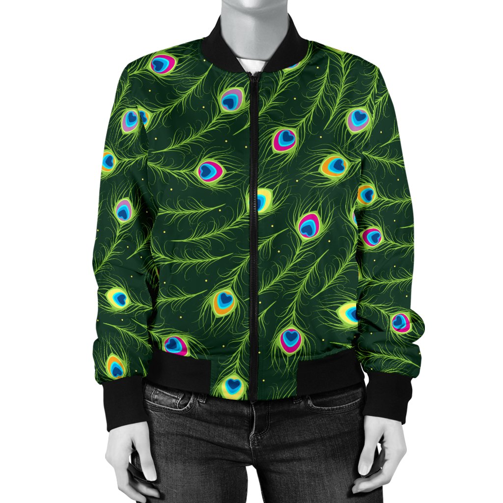 Peacock Feather Green Design Print Women Casual Bomber Jacket