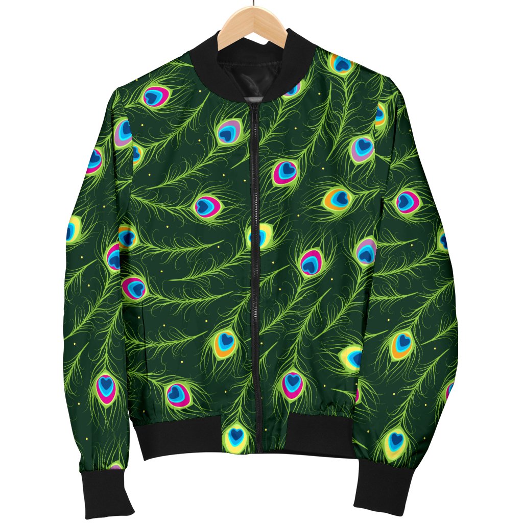 Peacock Feather Green Design Print Women Casual Bomber Jacket