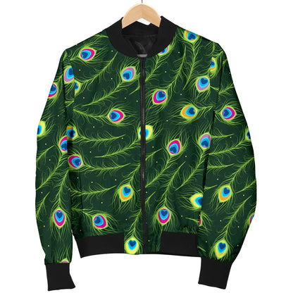 Peacock Feather Green Design Print Women Casual Bomber Jacket