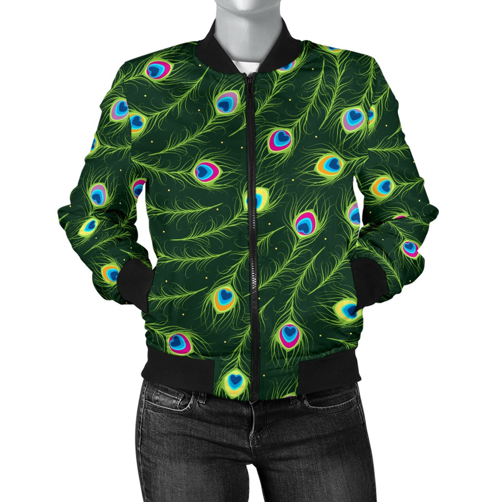 Peacock Feather Green Design Print Women Casual Bomber Jacket